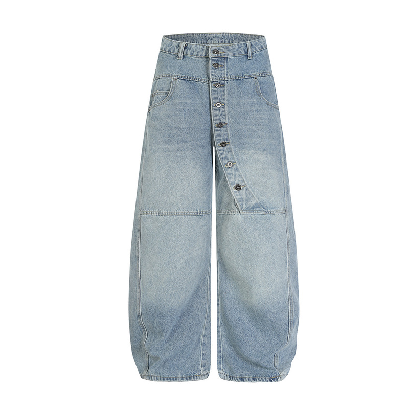 Jia Yi Ku 2026 New American-Style Curved Pants, Vintage Loose Jeans with Diagonal Placket and Button Design, Wide-Leg Pants