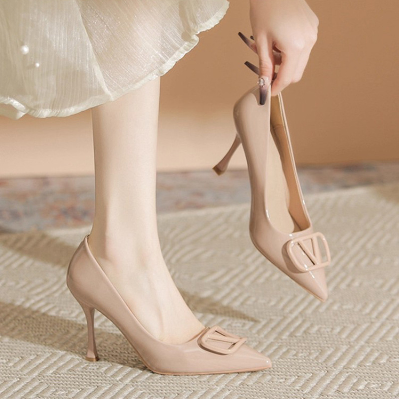 Nude High Heels Women's Stiletto Heels 2025 Autum New Patent Leather Pointed Toe Shoes That Are Not Tiring for the Feet