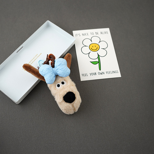 Creative bow puppy head pendant cute boss car plush dog pendant keychain couple bag pendant for women