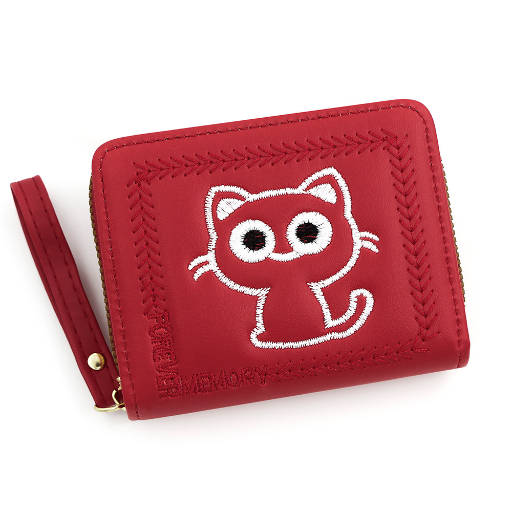 Nuevo bordado gatito damas cartera corta multi-tarjeta billetera de cambio con cremallera cartera de tarjetas de mano al por mayor