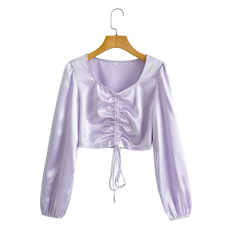 autumn v-neck drawstring satin long-sleeved top nihaostyles wholesale clothing NSAM85361