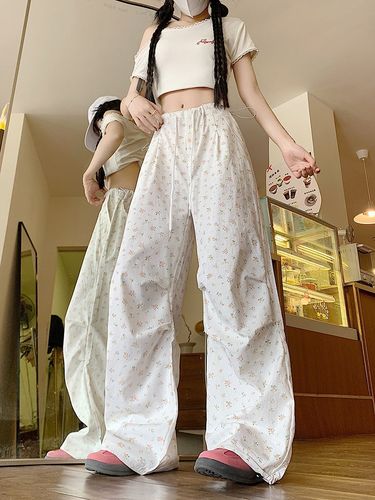 Floral Work Pants for Women - Spring and Summer Thin High-Waisted Loose Casual Wide Leg American Retro White Sport Pants