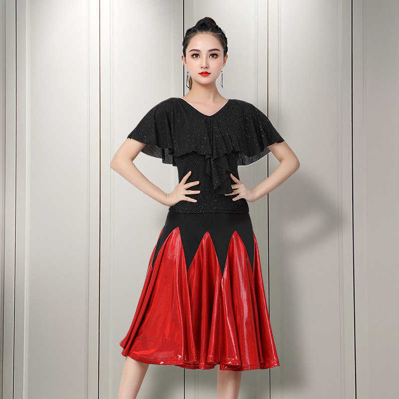 Women girls black with red Latin ballroom dance dresses royal blue large swing skirt waltz tango performance outfits for female