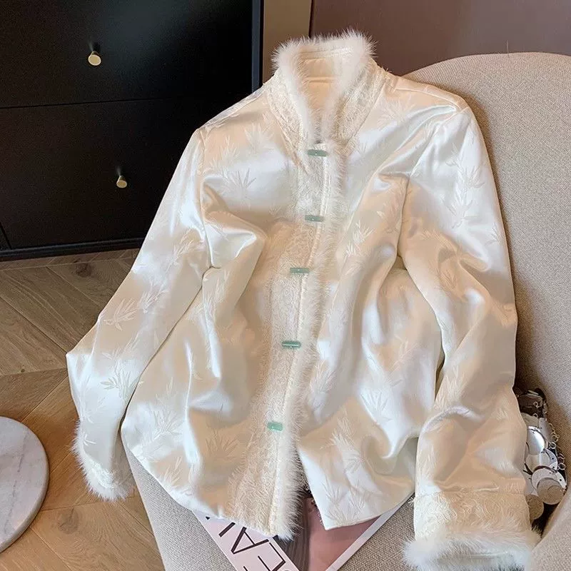 Xiaozhong, Новое Женское пальто с хлопковой подкладкой в китайском стиле, зима 2023, новая приталенная элегантная рубашка с бамбуковым принтом, Топ