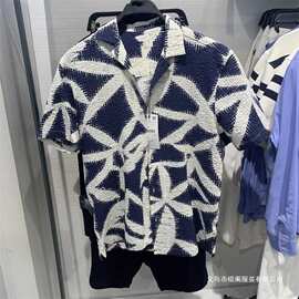 2026夏季新款男装印花泡泡纱衬衣男士古巴领夏威夷宽松短袖衬衫男
