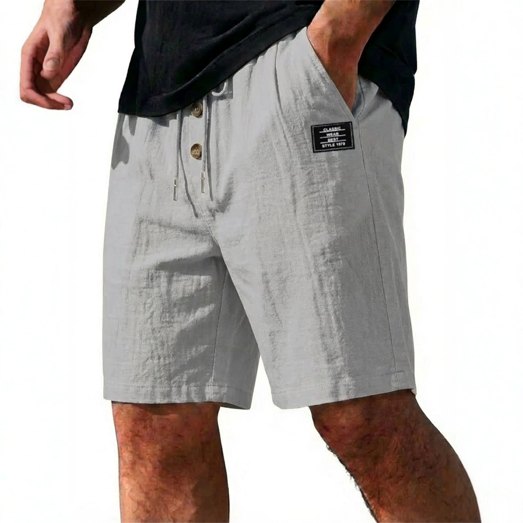 Men's Summer Cotton Linen Blend Loose Fit Solid Color Casual Shorts Trendy Sports plus Size mid Waist Beach Wear_viptrois.com