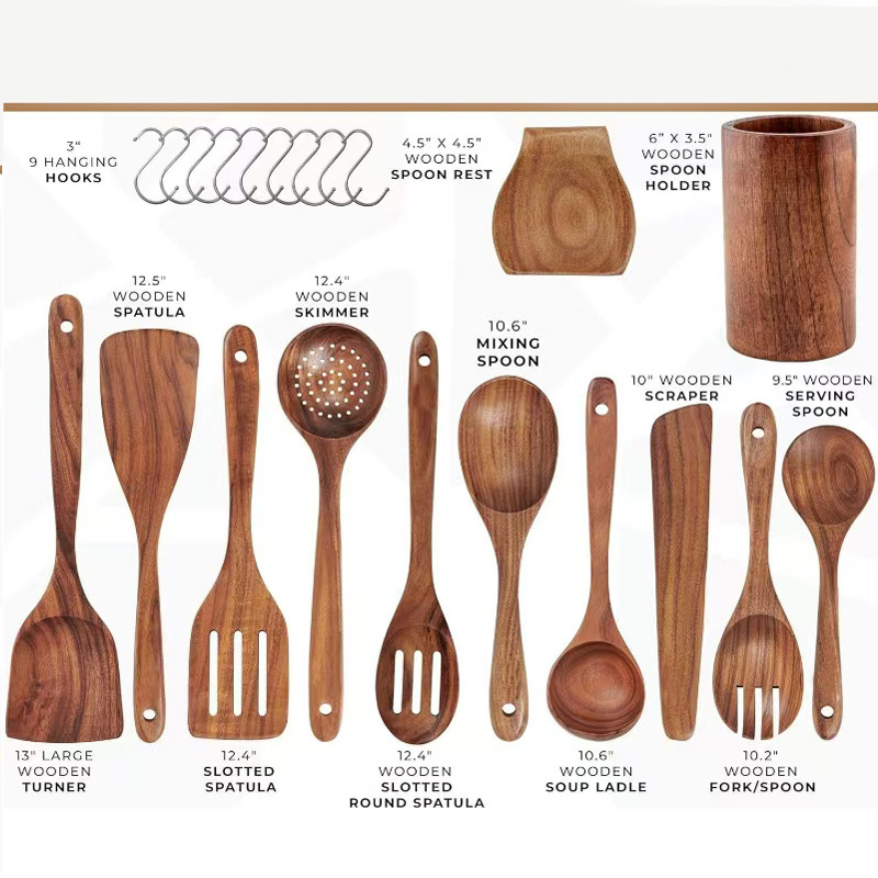 Juego de cocina de teca, cuchara de pala de madera maciza, tenedor, sartén antiadherente, utensilios de cocina de madera de acacia, espátula de mango largo, juego de cocina de 9 piezas