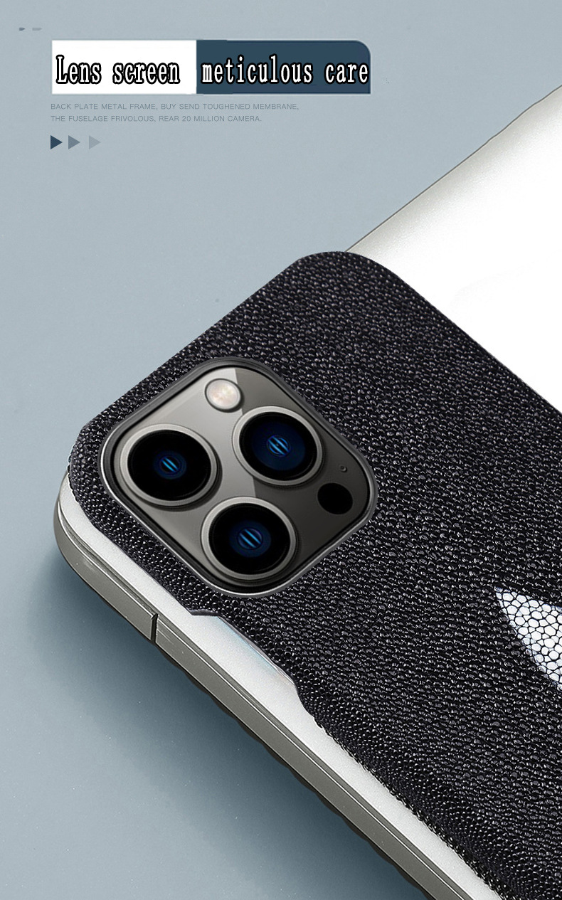 Ốp lưng điện thoại da cá ngọc trai tự nhiên cho iPhone 14/12 Pro Max/13 Pro/11 — Màu đen chi tiết 7