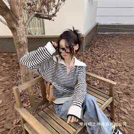 超好看v领毛衣女秋冬宽松显瘦气质polo领条纹显瘦针织衫ins