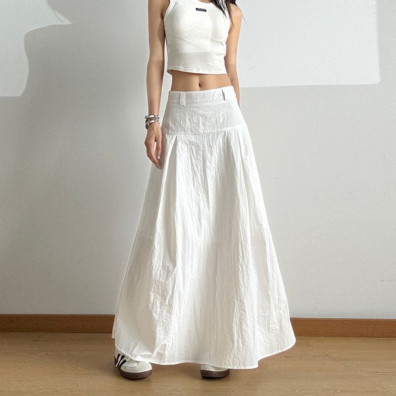 女性のための白いデザインのロングスカート 2025 夏の新しいファッションハイウエストルーズ A ラインスカート|undefined