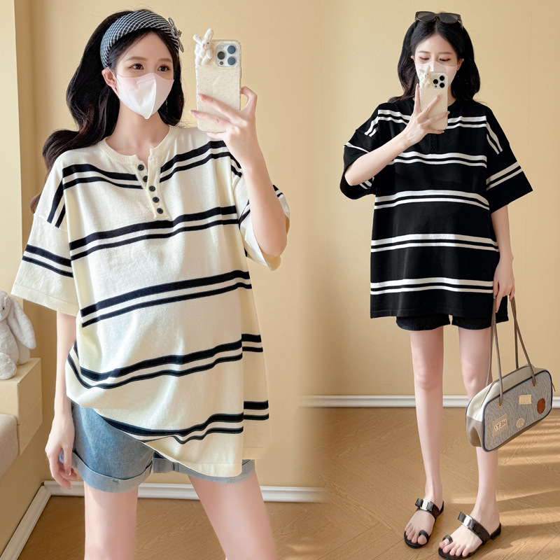 Real Shot of 2026 New Summer Short-Sleeve Maternity Top, Versatile, Loose-Fitting, Slimming, Simple Knit Striped Top