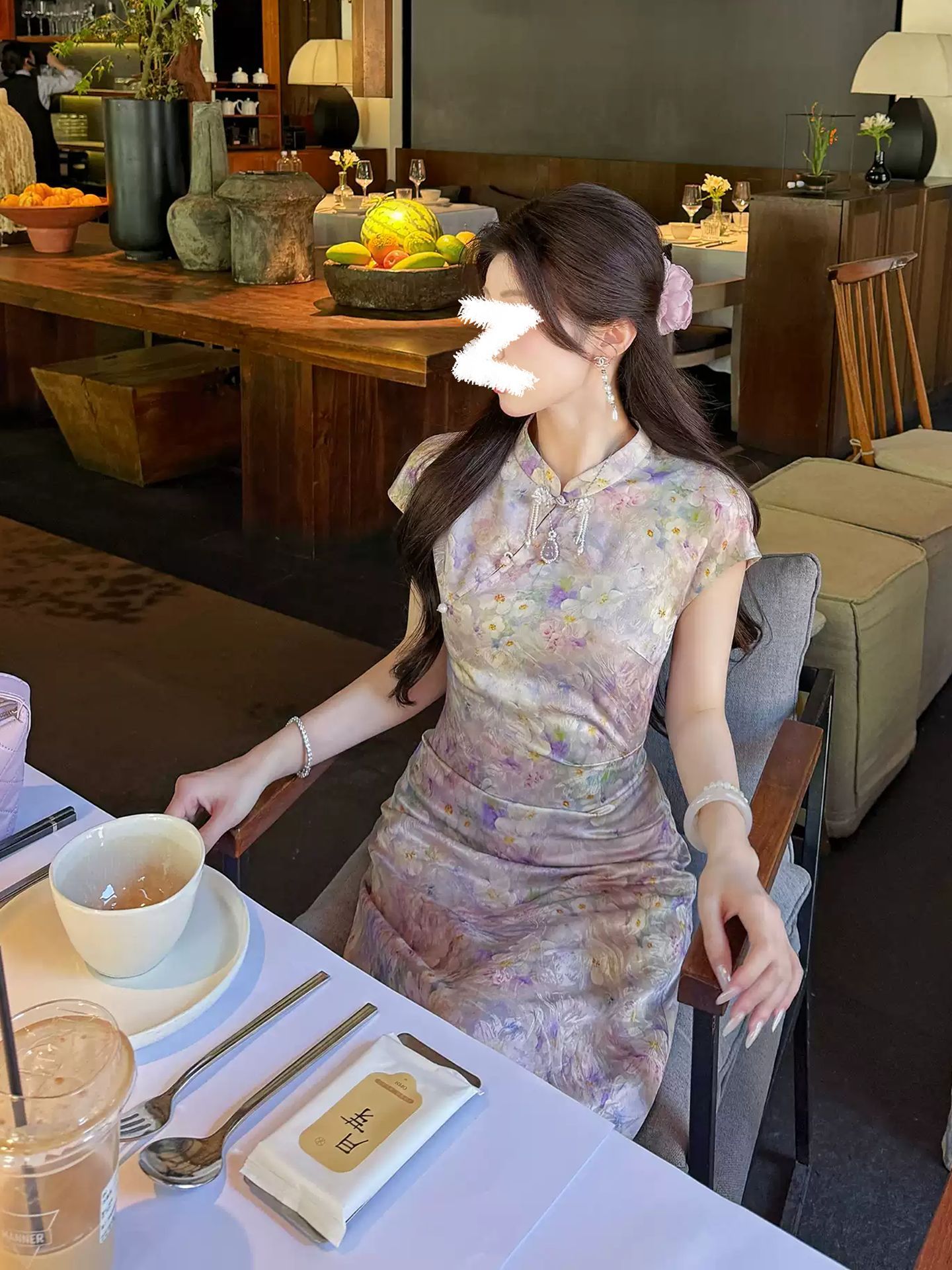 Đầm maxi nữ thắt eo họa tiết hoa nhí phong cách Trung Hoa hiện đại — màu tím chi tiết 2