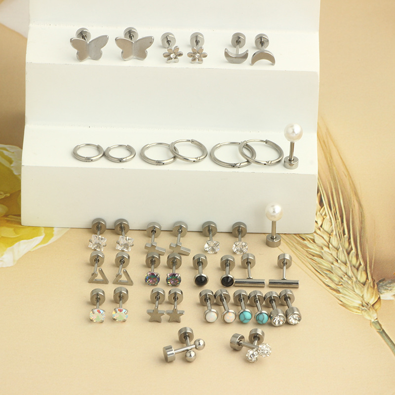 Stainless Steel Round Cake Lip Stud Earring Set for Women Fashion Cartilage Ear Bone Stud Body Piercing Jewelry detail image 9