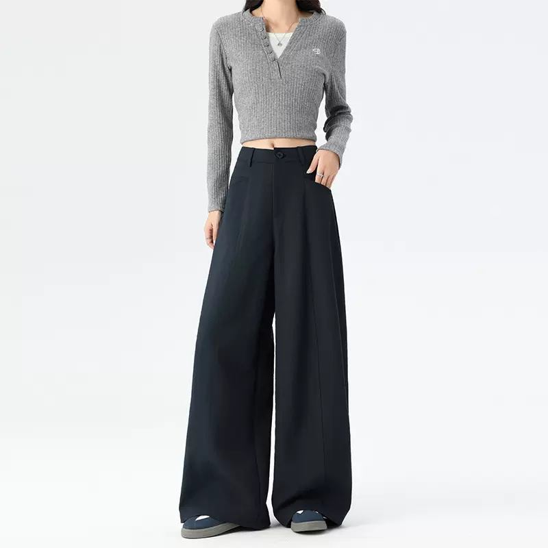 小红书爆款藏青色弯刀裤女2026春季新款休闲裤高腰垂感阔腿西装裤