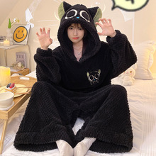 JSZ大码可爱小恶魔黑色加厚绒睡衣女款冬季睡袍秋冬连体珊瑚绒