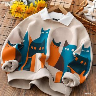 Boys' Sweater Spring and Autumn 2024 New Children's Boy Cat Printed Children's Long Sleeve OLO Shirt