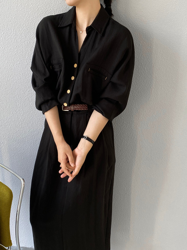 江左 亚麻衬衫裙女2025新款小众设计感秋装长袖连衣裙配皮带 1599|undefined