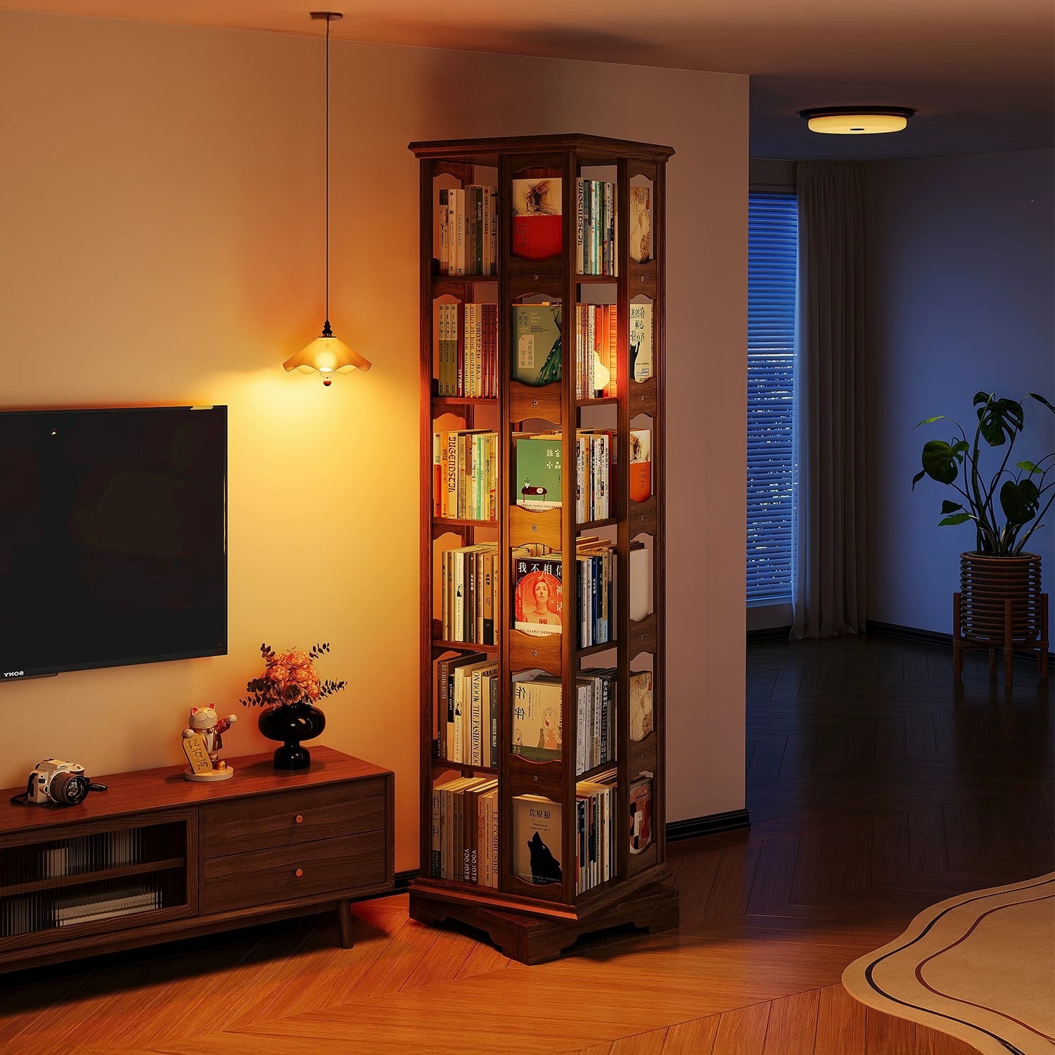 Strictly selected solid wood 360-degree rotating bookshelf against the wall integrated movable Internet celebrity corner narrow bookcase floor-standing storage rack