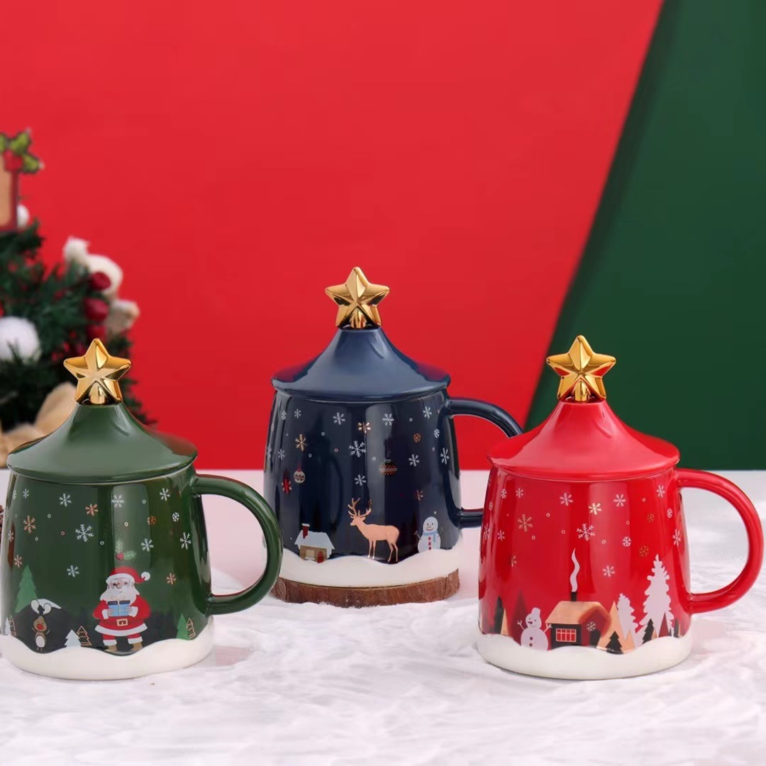 Estilo nórdico estrella de cinco puntas taza de Navidad de cerámica Vista de nieve viejo Elk color esmalte taza de café regalo personalizado taza