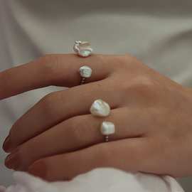 925银巴洛克珍珠戒指天然异形石纯银开口指环叠戴