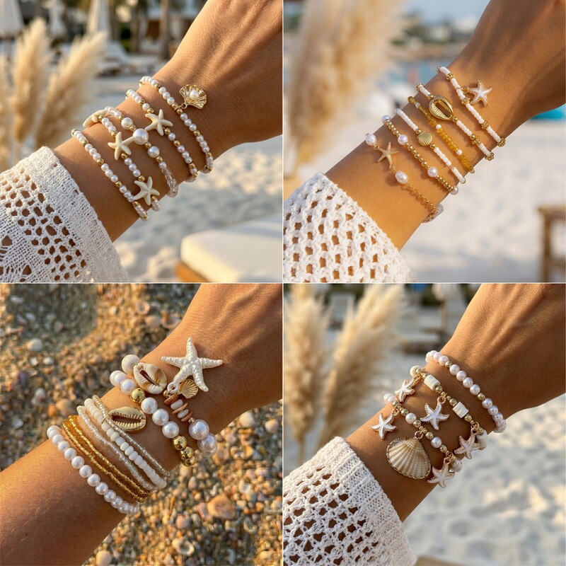 European and American Cross-Border Summer Beach Style Starfish Shell Pearl Bracelet Set, Fashionable and Versatile Trendy Multi-Layered Hand Jewelry European and American Cross-Border Summer Beach Style Starfish Shell Pearl Bracelet Set, Fashionable and Versatile Trendy Multi-Layered Hand Jewelry