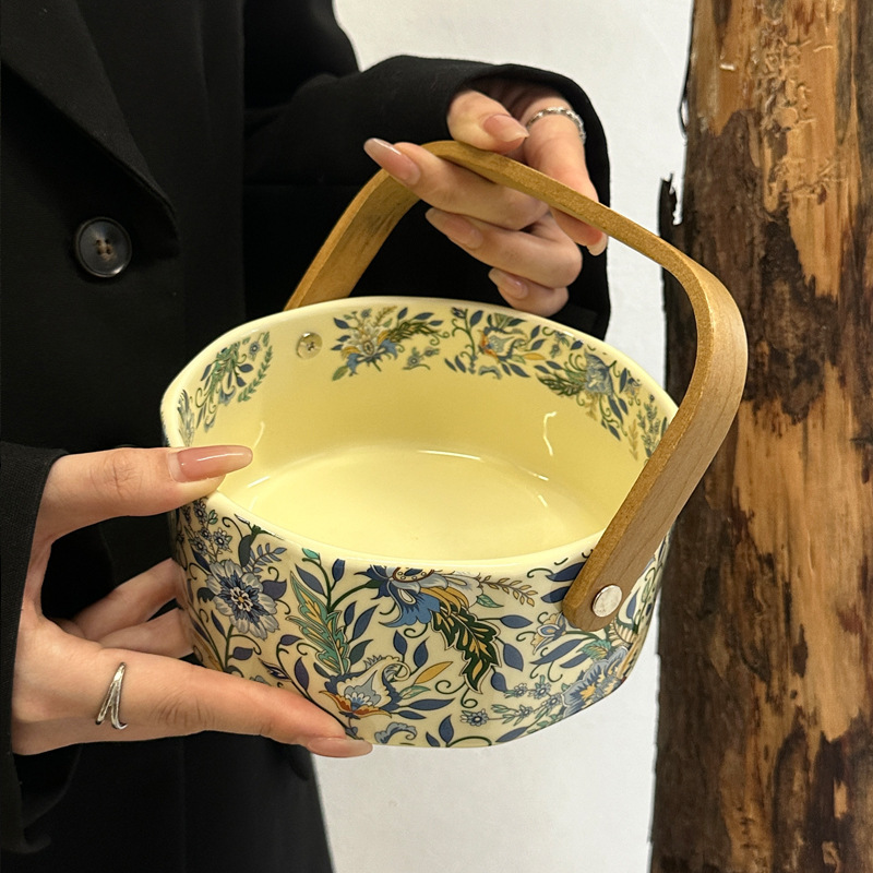 高颜值中古风鸢尾花陶瓷手提果篮精致高档伴手礼下午茶点心零食盘|undefined