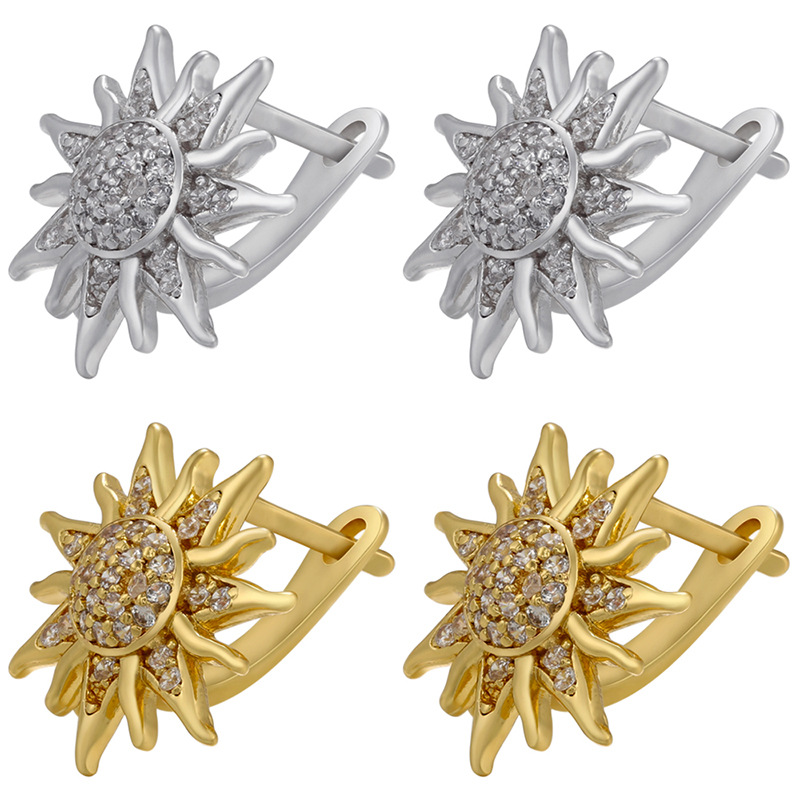 simple zircon sunflower copper 18K gold plated ear buckle earrings