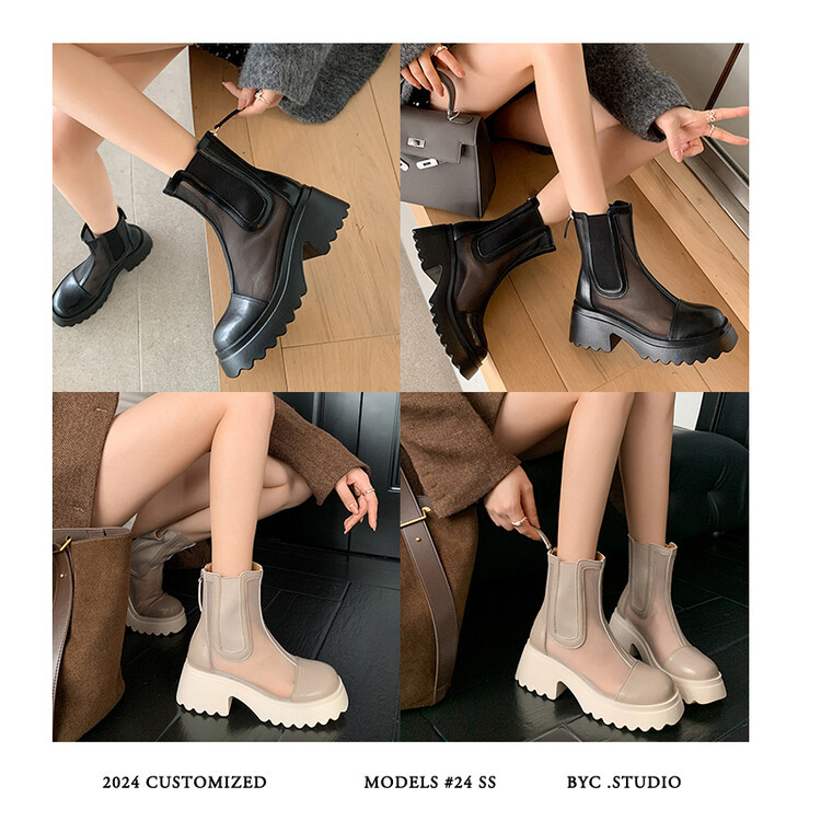 Boot ngắn nữ da bò mũi tròn đế dày thoáng khí khóa kéo sau — Màu đen, Màu mơ chi tiết 85