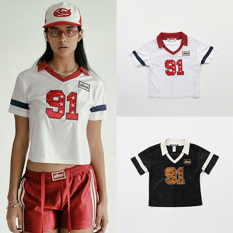 Korean Badblood Bcac Series Short Jersey T-Shirt Women's Embroidered Niche Slim Lapel Sports Top Trendy