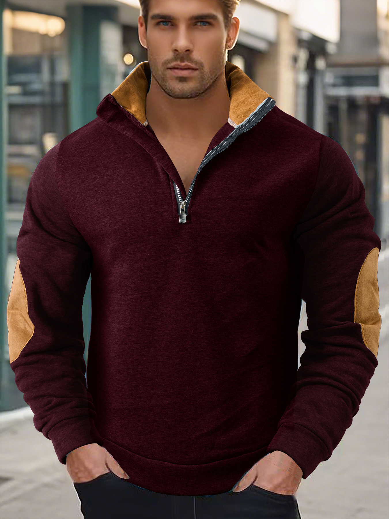Embroidered Men's Hoodies With Stand Collar And Colour-block Style_voghion.com