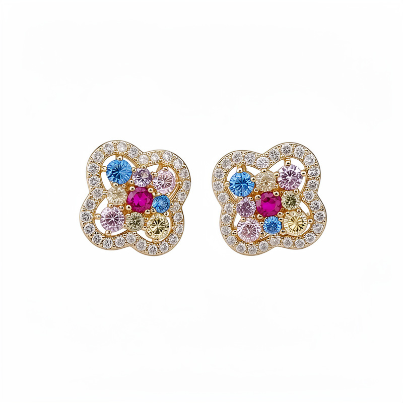 14k oro real chapado agujas de plata zircon flores de hierba afortunada pendientes de color temperamento pendientes de lujo ligero alta sensación pendientes image 6