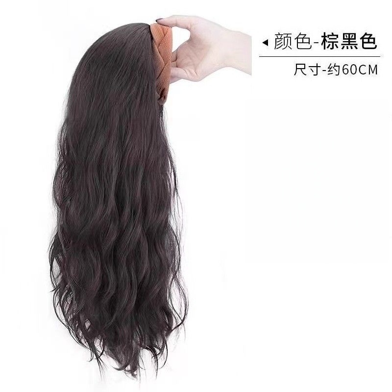 Peluca de moda con diadema integrada, cabello largo y rizado para mujer, corona alta, cabello realista, media peluca natural estilo celebridad de internet, color marrón moderno.