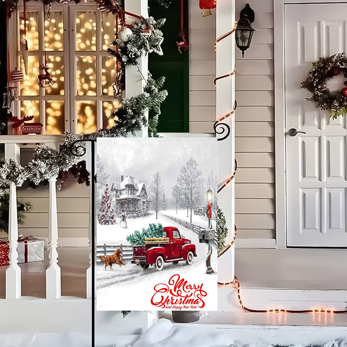 Cross-border special for Christmas series truck reindeer Christmas Snowman double-sided printing garden decoration garden flag flag_voghion.com