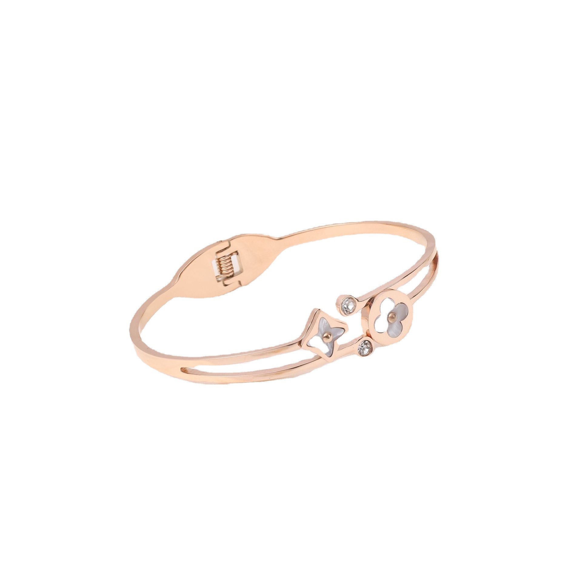 Nuevo estilo coreano no desvanecido pulsera de acero de titanio mujer temperamento simple conchas de cuatro hojas de flor pulsera abierta venta caliente