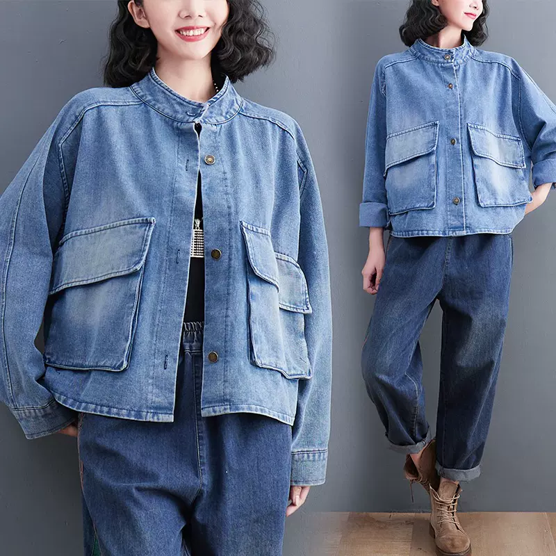 实拍现货 宽松大码单排扣翻盖大口袋做旧牛仔短外套女