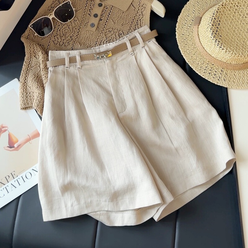 Old Money Style Cotton and Linen Wide-Leg Shorts for Women, New Summer Model, Elegant Casual High-Waisted Slimming Workwear Versatile Straight Pants
