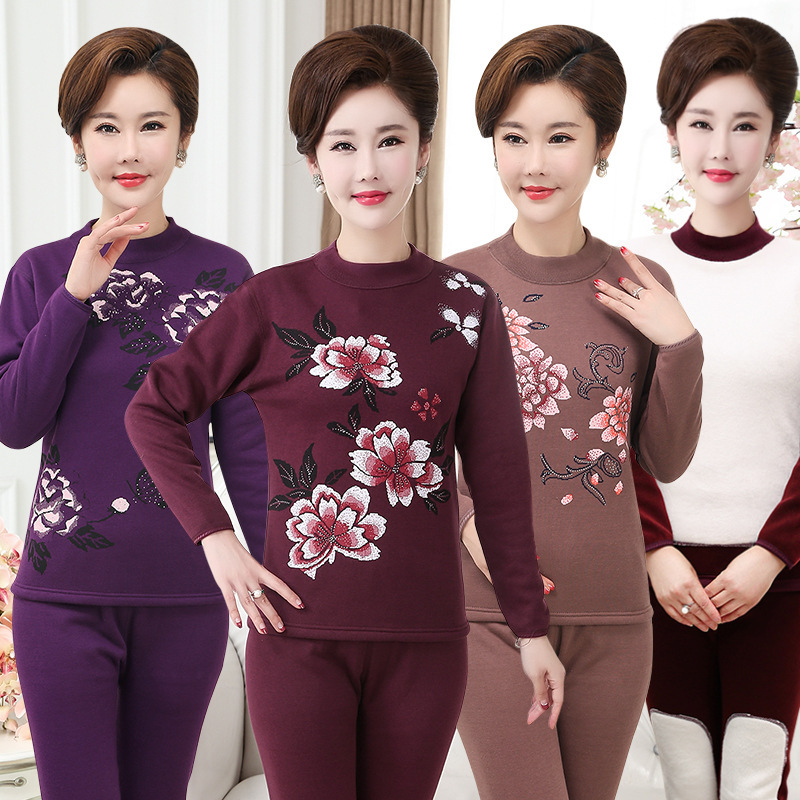 (2개) 중년 및 노인 열 속옷 여성의 기모 두꺼운 패치 세트 열 저장 고 칼라 가을 옷과 바지 할머니 겨울