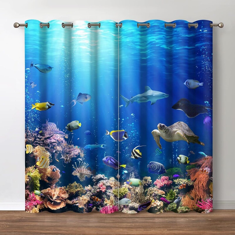 2 Pieces of Blue Ocean Animal Curtains, Underwater World with Turtles, Sharks, Coral Fish, Perforated Curtains for Bedroom and Living Room 2 Pieces of Blue Ocean Animal Curtains, Underwater World with Turtles, Sharks, Coral Fish, Perforated Curtains for Bedroom and Living Room