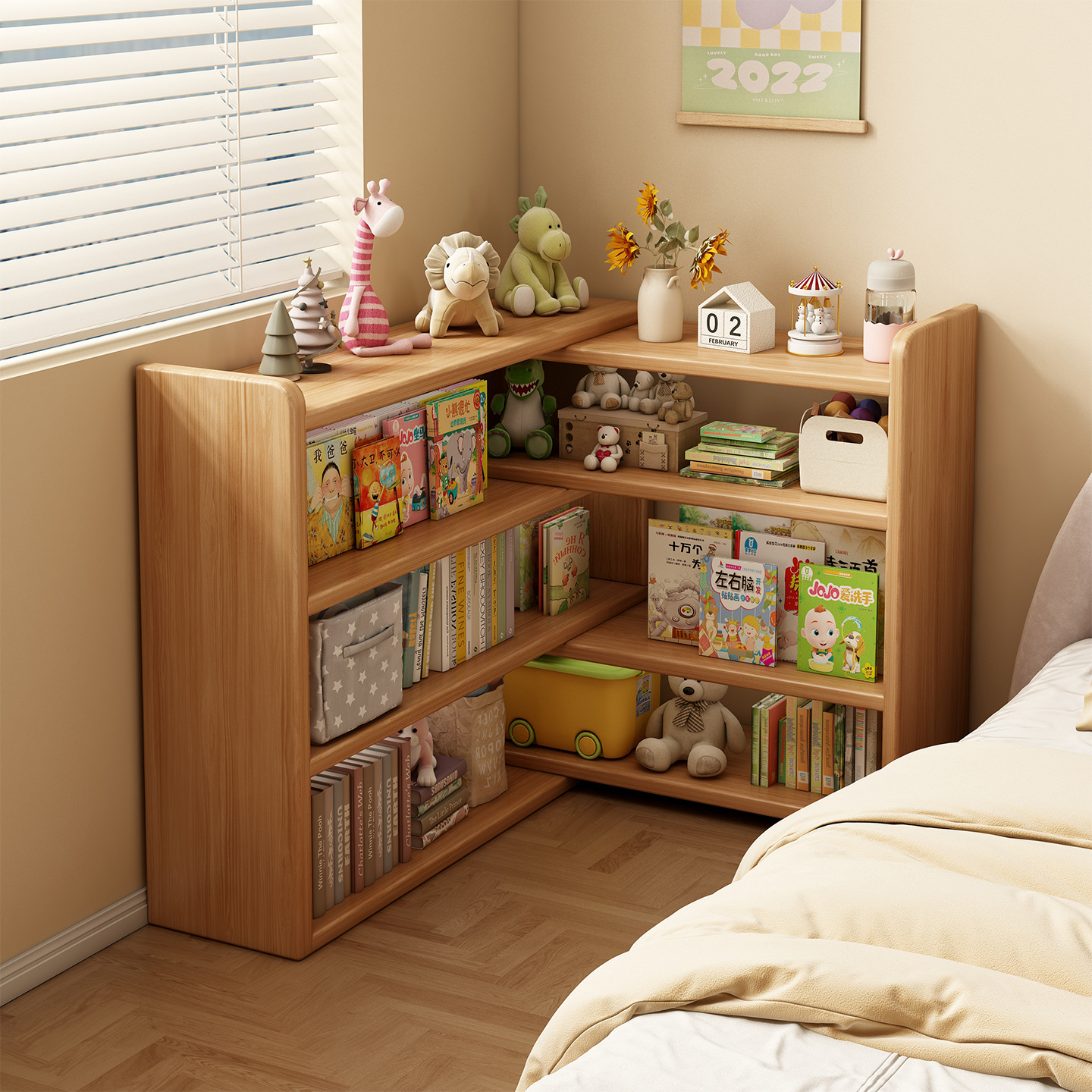 实木书架置物架落地收纳柜靠墙转角书本架多层小架子家用书桌书柜