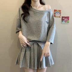女性用ソルト系ウェアセット、夏用大きいサイズ、少し太ったmm、ピュアディザイアスイート＆スパイシーTシャツトップス、プリーツスカート、2点セット