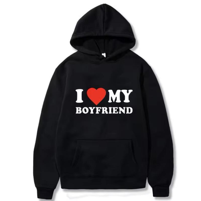Valentine's Day Sweatshirt for Men and Women, Same Style, with "I Love My Boyfriend/Girlfriend" Print, Hooded Couple Sweatshirt, Customizable Valentine's Day Sweatshirt for Men and Women, Same Style, with "I Love My Boyfriend/Girlfriend" Print, Hooded Couple Sweatshirt, Customizable