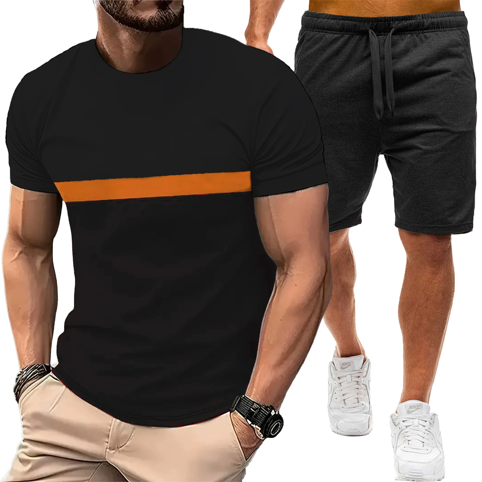 Летняя футболка с коротким рукавом и круглым вырезом 2025 года, европейский и американский новый кросс-бордерный цветной спортивный повседневный мужской костюм с короткими рукавами