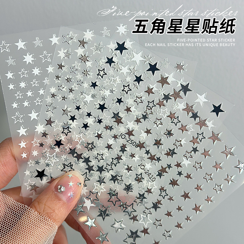 Five-Pointed Star Nail Stickers Black and White Trendy Silver Star Adhesive Foil Nail Decals Wholesale