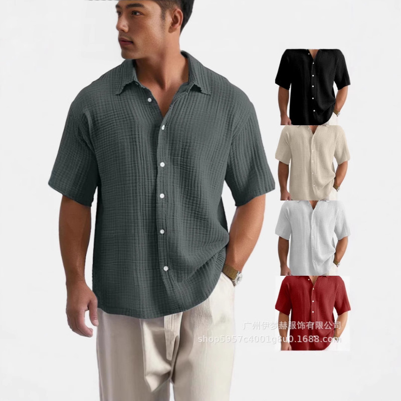 European and American Cross-border Amazon tiktok temu Men's Summer New Loose Casual Pure Cotton Short-sleeved Shirt