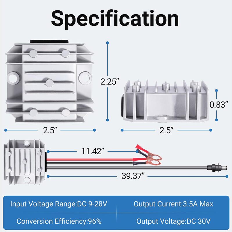 24V to 30V 3.5A Converter Mini Male Connector 9-28V to 30V for Trucks and Rvs with Detachable Alligator Clips 24V to 30V 3.5A Converter Mini Male Connector 9-28V to 30V for Trucks and Rvs with Detachable Alligator Clips
