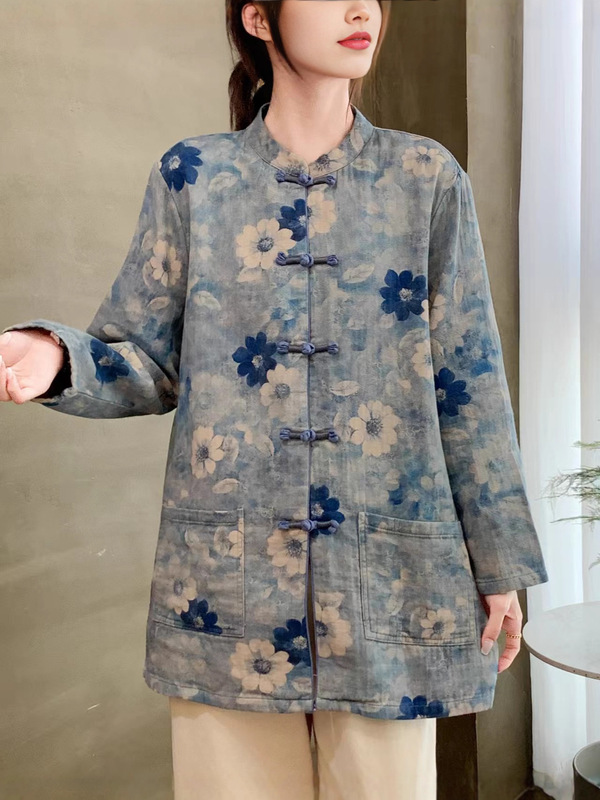 2025新款女复古文艺斜纹数码印花盘扣宽松显瘦百搭复古盘扣外套女|undefined