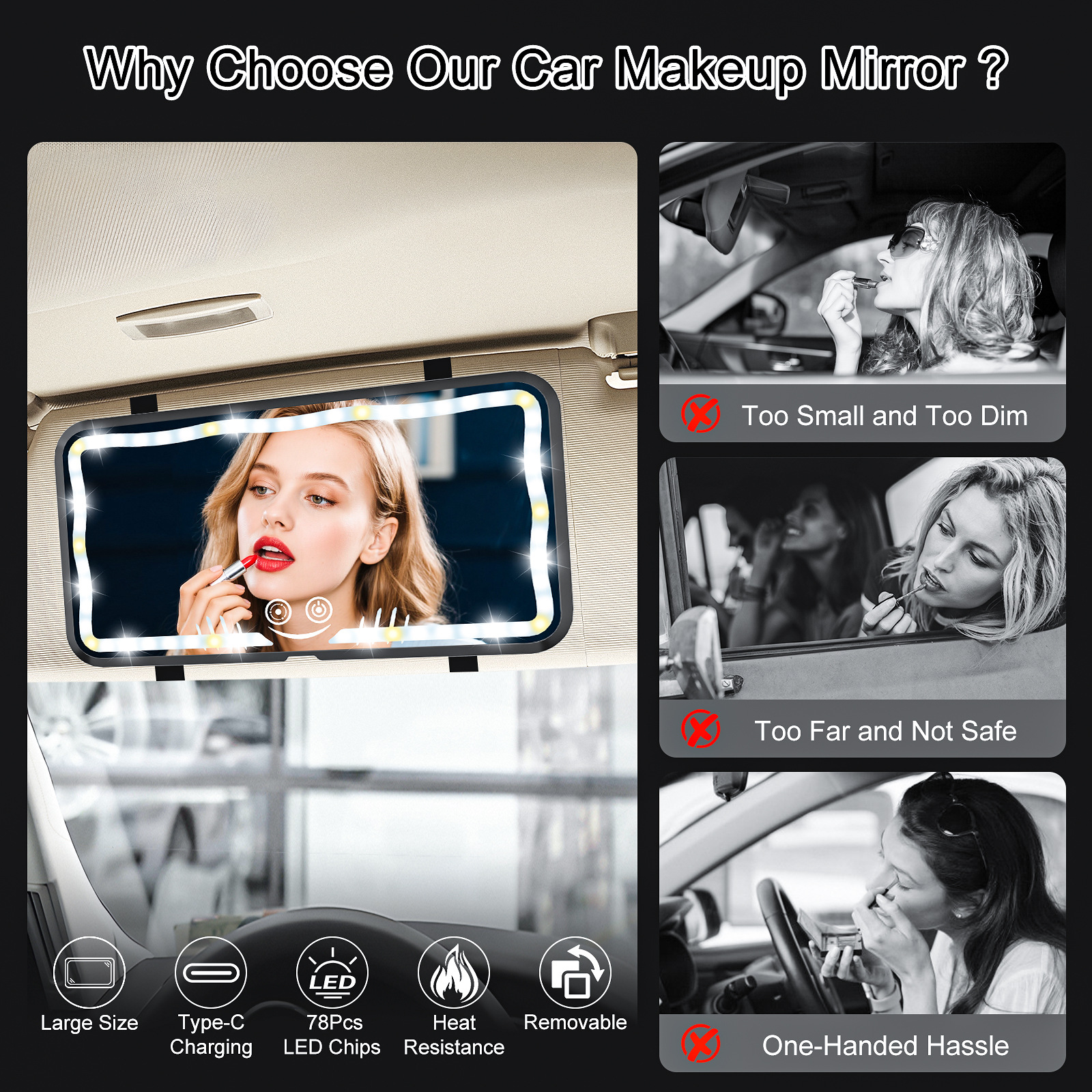 Cross-Border Car Sun Visor Makeup Mirror Led Car Makeup Mirror, New Appearance Design with Three Color Temperatures and Adjustable Lighting