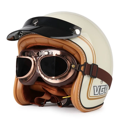 Motosiklet dəbilqələri — Half Helmet Summer All-Season Universal - m-milky-white-gold-rim-bronze-mirror-free-hat-brim-face-towel