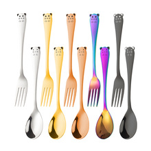 新品304不銹鋼兒童勺叉10件套彩色可愛卡通動物勺子叉子餐具套裝