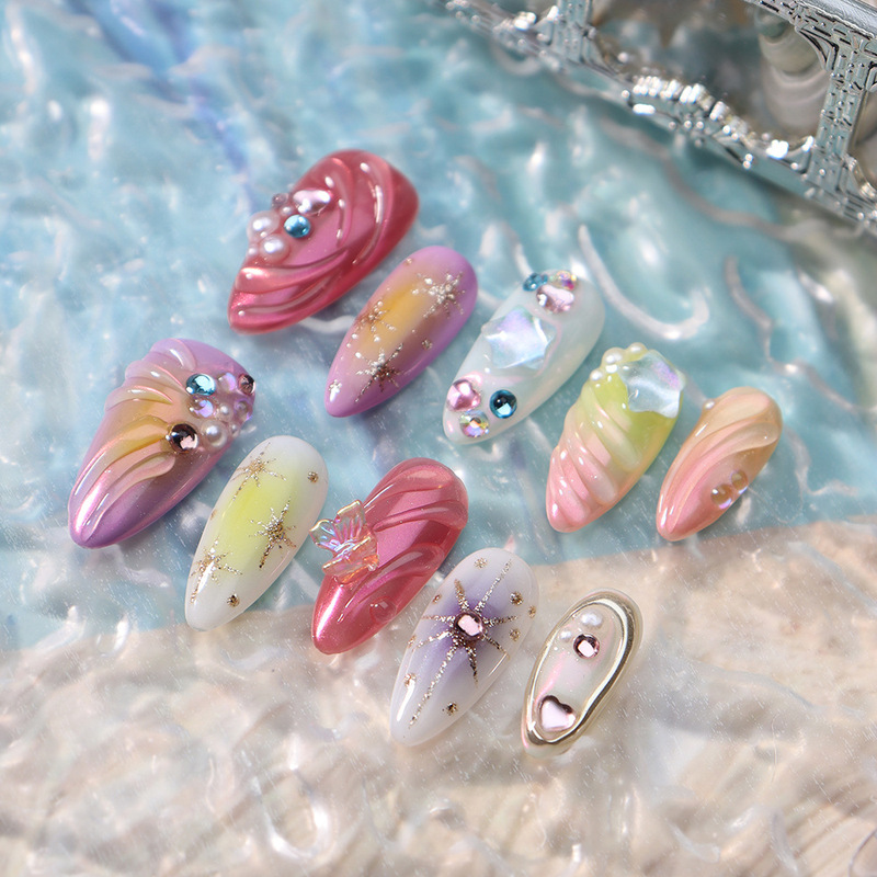 Hot-Selling Handmade Wearable Nails, Almond-Shaped Nail Art with 3D Stars and Bowknots, Glossy Beach Fake Nails